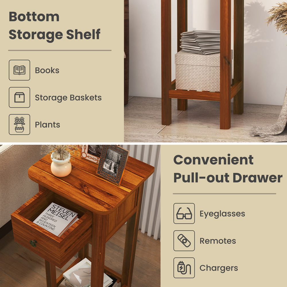 2 Tier slim nightstand in brown with a pull-out drawer and open bottom shelf for easy access to daily essentials.