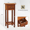 Slim brown nightstand with drawer and open shelf, made of acacia wood and MDF, perfect for bedroom or living room use.