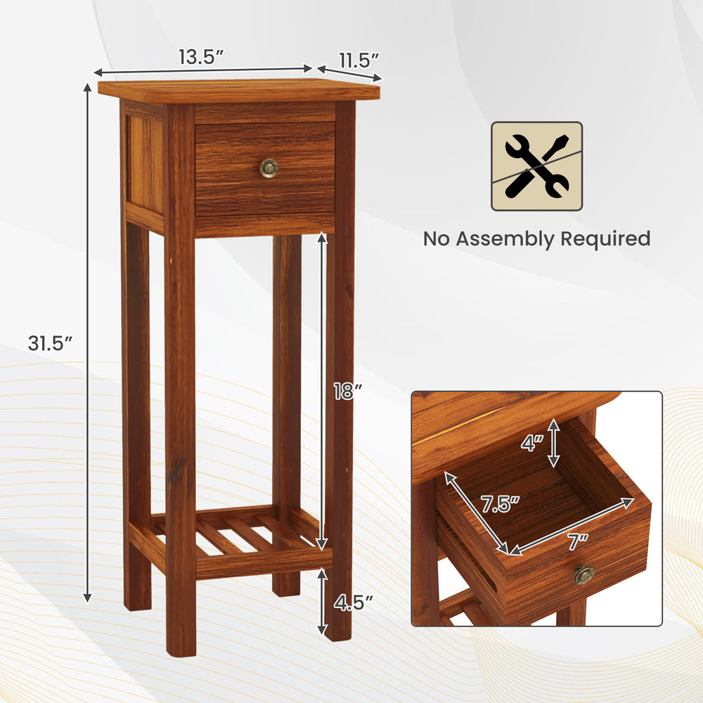 Slim brown nightstand with drawer and open shelf, made of acacia wood and MDF, perfect for bedroom or living room use.