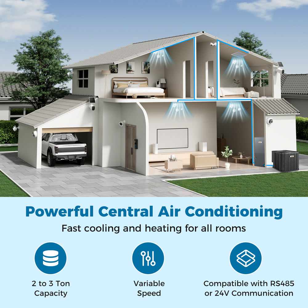 2 to 3 Ton heat pump system for efficient cooling and heating, operating down to -4°F, with quiet 49 dB performance.