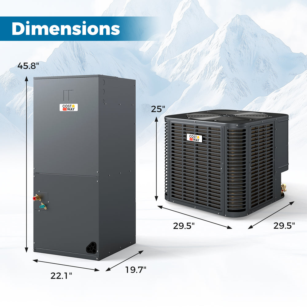 Dimensions of the 2 to 3 Ton Ultra-Low Temperature Heat Pump System, showcasing the outdoor and indoor units.