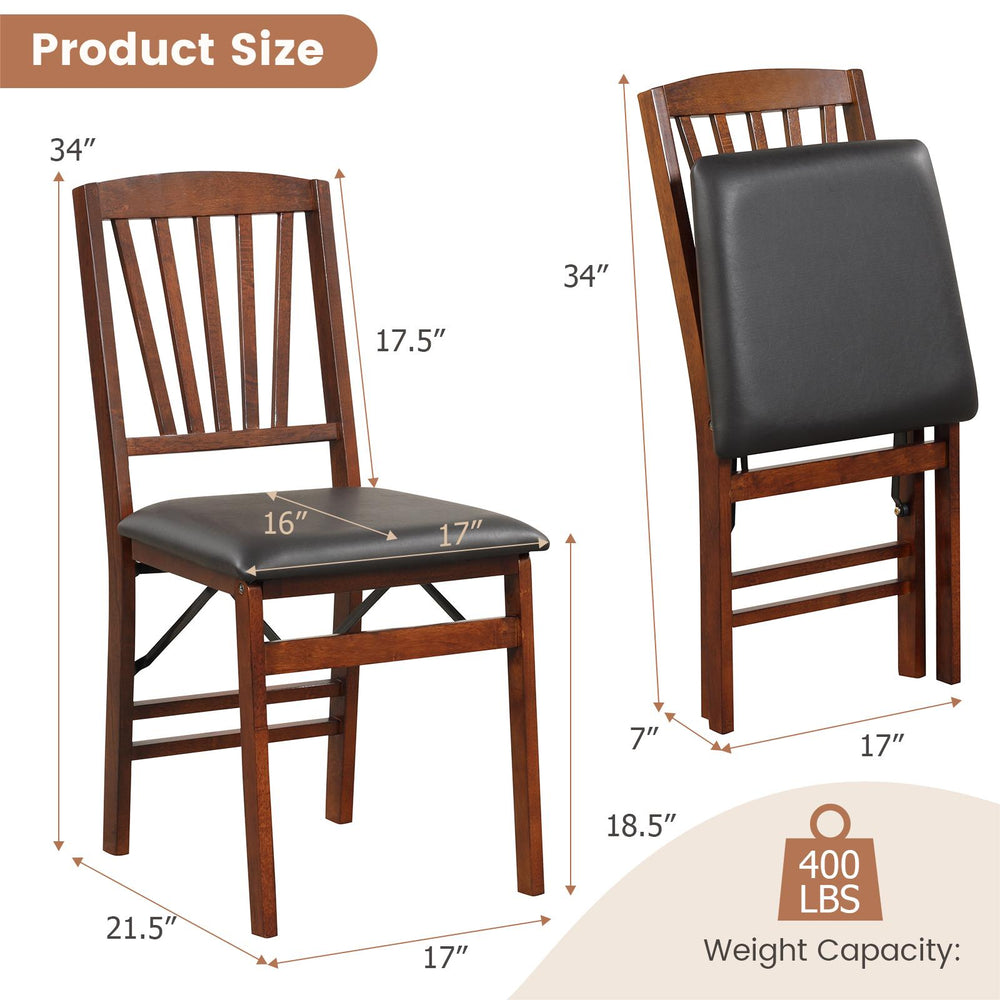 Folding chair with padded seat and rubber wood frame, featuring a slanted backrest for comfort and stability.