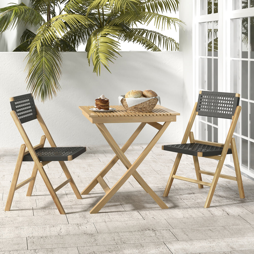 Set of 2 folding chairs made of teak wood with woven rope seats, ideal for backyard or poolside dining.