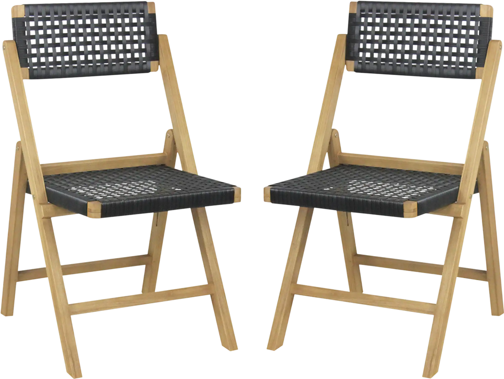 Set of 2 Folding Chairs Indonesia Teak Wood Dining Chairs with Woven Rope Seat and Back