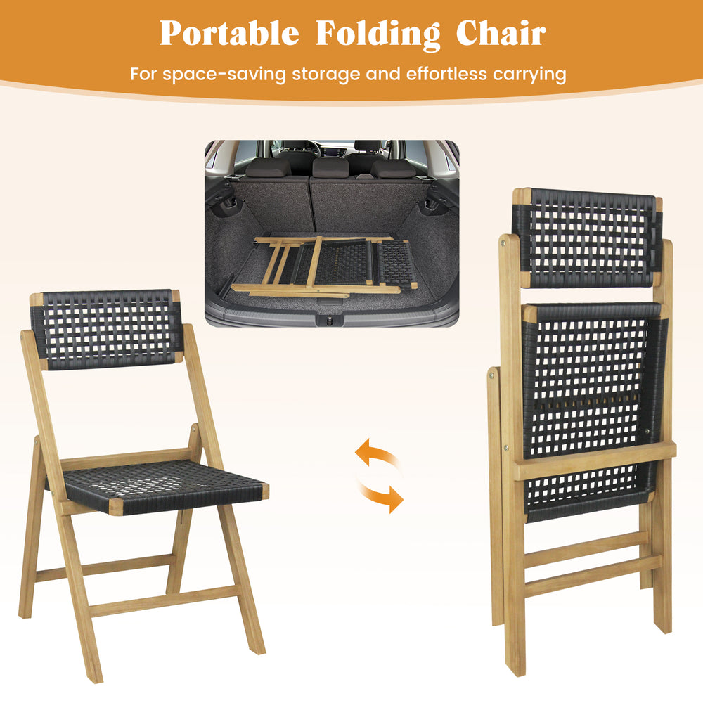 Portable folding chair made of teak wood with woven rope seat, ideal for backyard and camping, showcasing space-saving.