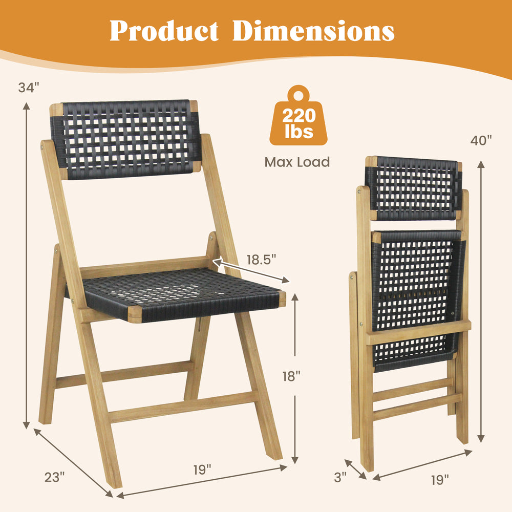 Folding chair dimensions with woven rope seat, made of teak wood, supports 220 lbs, ideal for outdoor use.