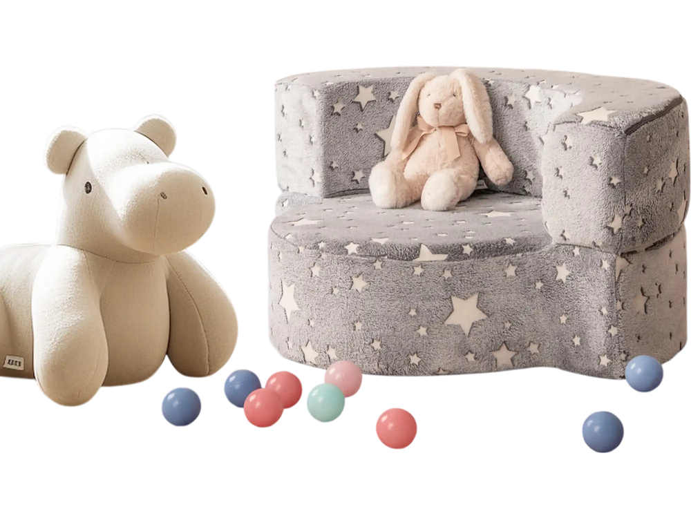Gray 2-in-1 toddler chair with star patterns, convertible design, soft flannel fabric, ideal for kids' playroom.