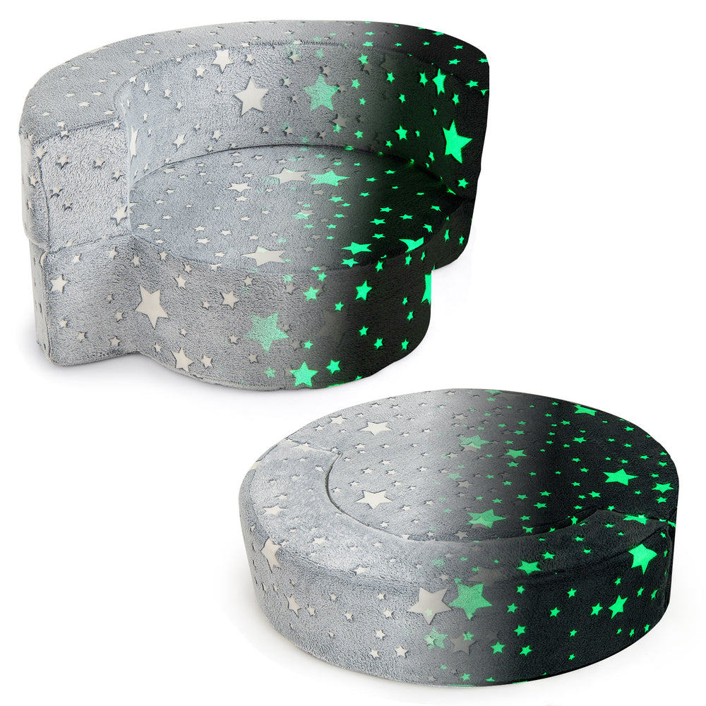 Convertible gray toddler chair with glow-in-the-dark star patterns, soft flannel cover, perfect for kids' rooms.