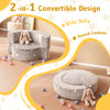 Convertible gray kids sofa with star patterns, transforms into a round cushion for versatile use in play areas.