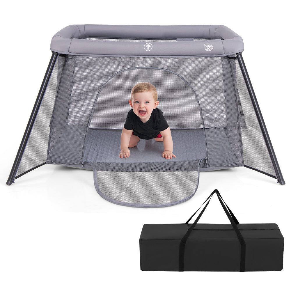 Portable baby playpen in dark gray with safety enclosure, padded mattress, and zippered entrance for crawling and play.