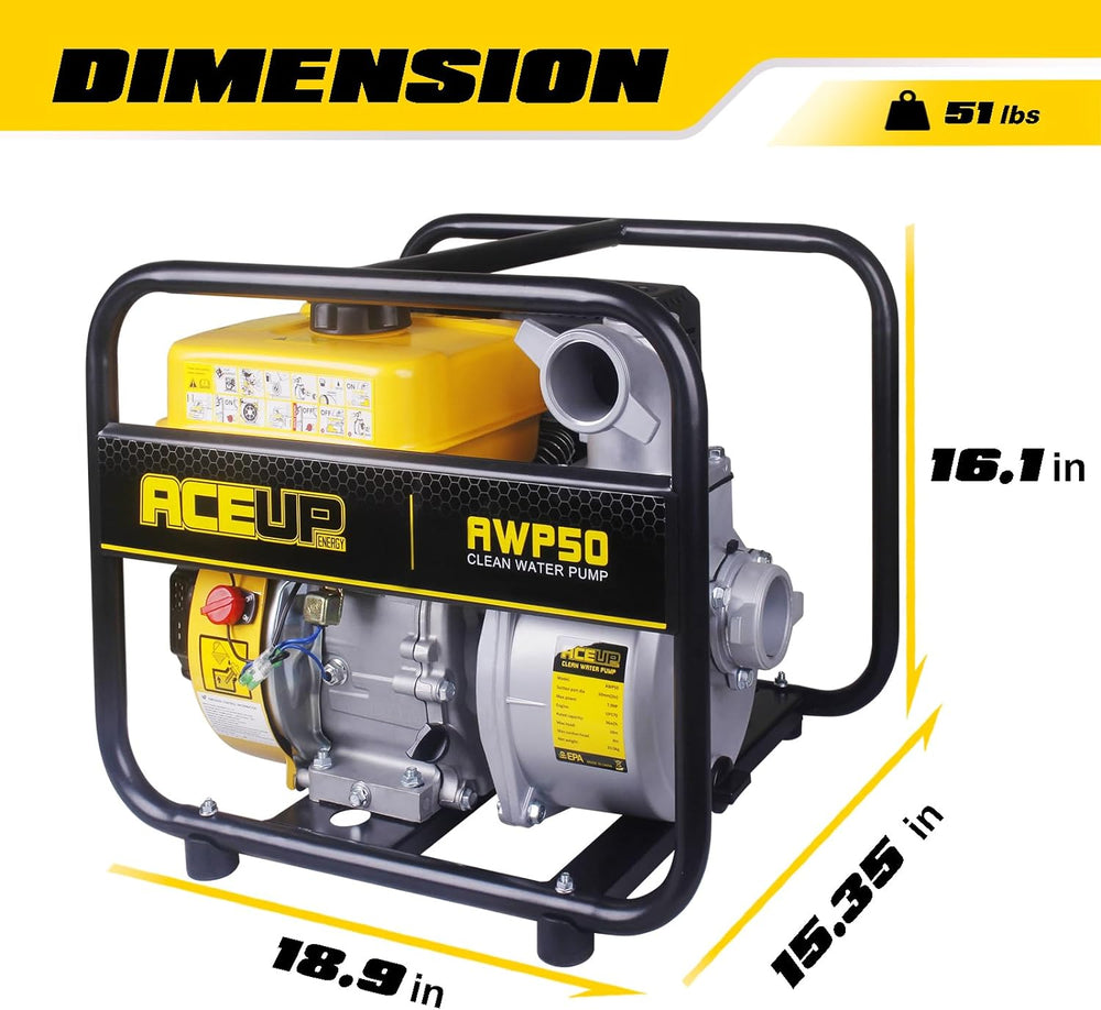 Aceup Energy 2 In. Portable Irrigation Pump | Semi Water Pump-158 GPM 7HP 208cc Portable Irrigation Pump with Hose - AceupEnergy