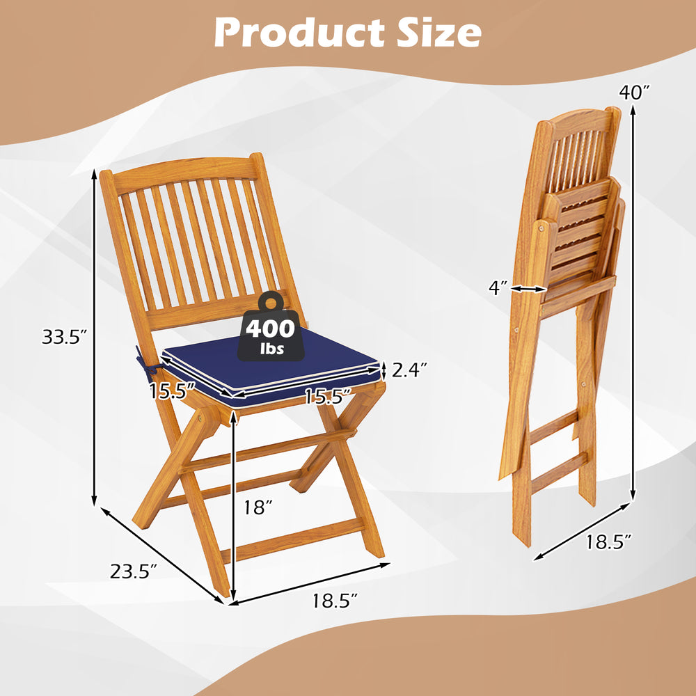 Folding outdoor chair dimensions with navy seat cushion, made of acacia wood, supports up to 400 lbs for versatile use.