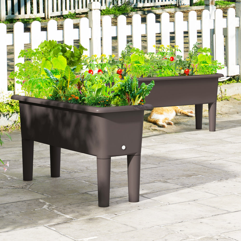 Raised garden beds in coffee color, featuring self-watering design, detachable legs, and drainage holes for outdoor use.