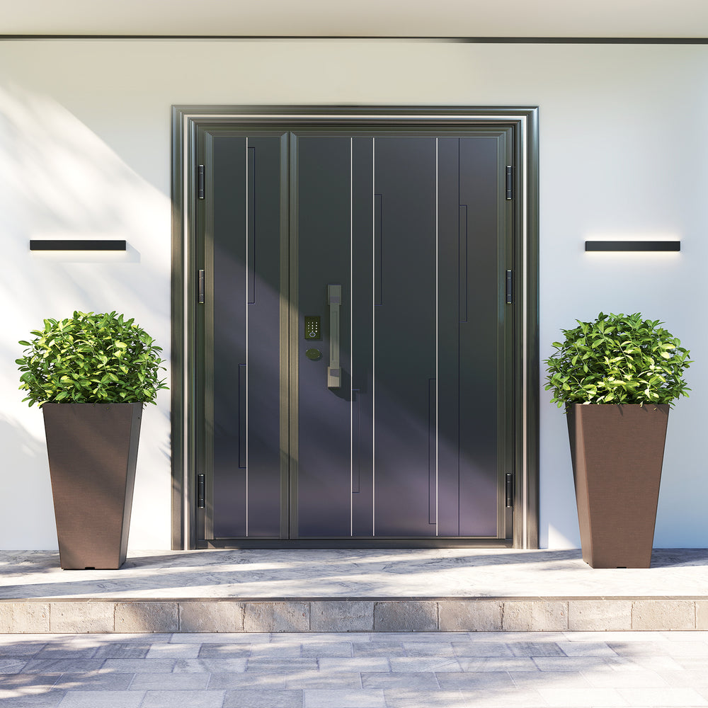 Square taper planters with removable inner buckets, featuring a wood-like texture for stylish outdoor and indoor use.