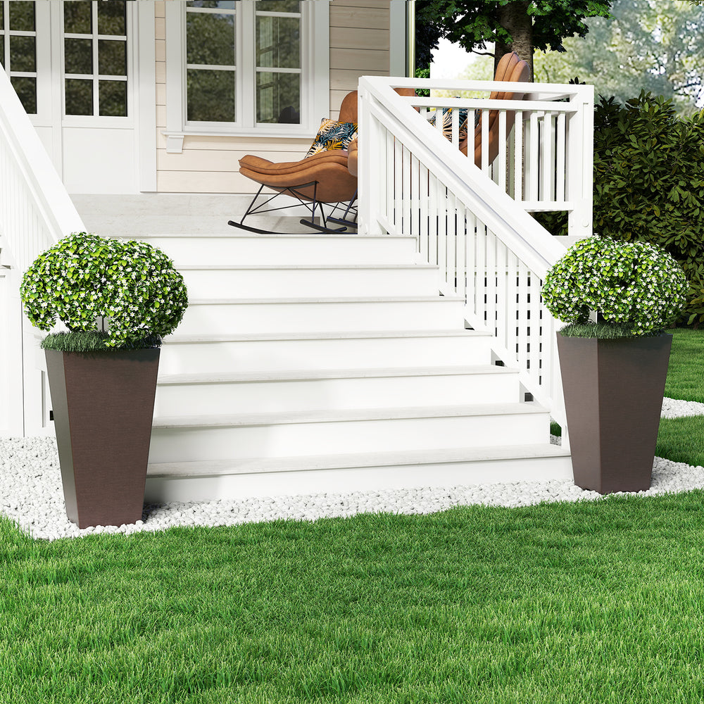 Square taper planters with removable inner buckets, featuring a wood-like texture, ideal for outdoor decor and drainage.