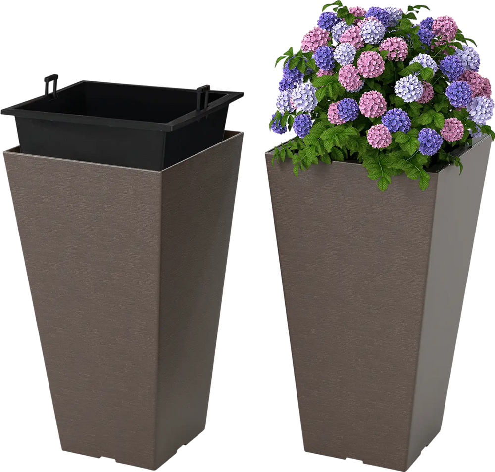 Set of 2 square taper planters with removable inner buckets, featuring a wood-like texture for outdoor and indoor use.