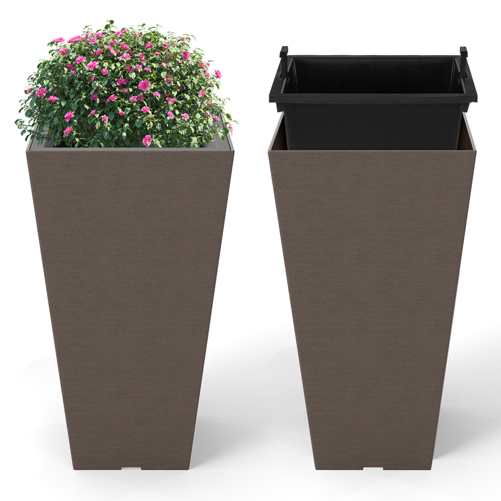 Square taper planter set with removable inner bucket, featuring a wood-like texture for outdoor and indoor use.