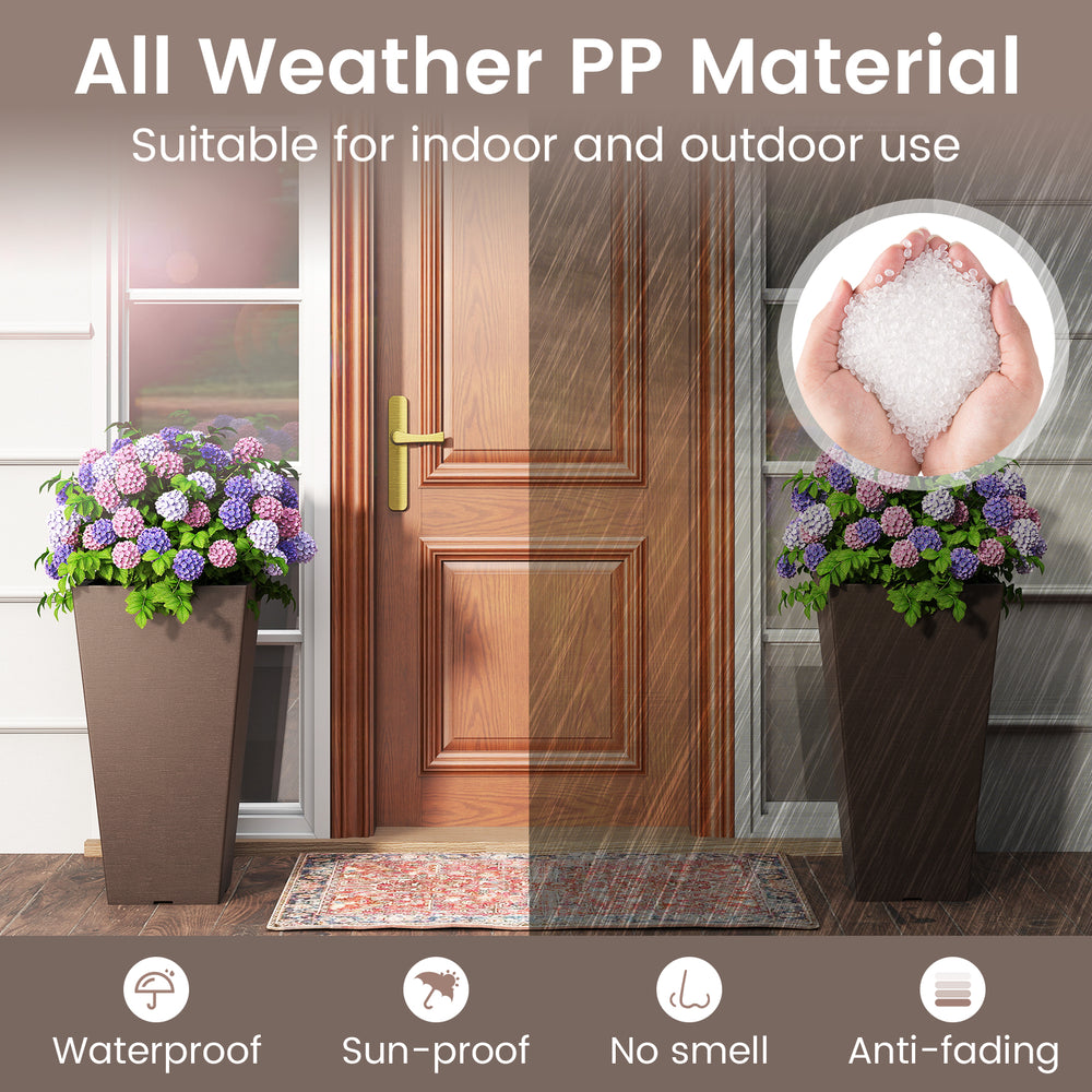 Set of 2 square taper planters in wood-like texture, made of durable PP material for indoor and outdoor use.