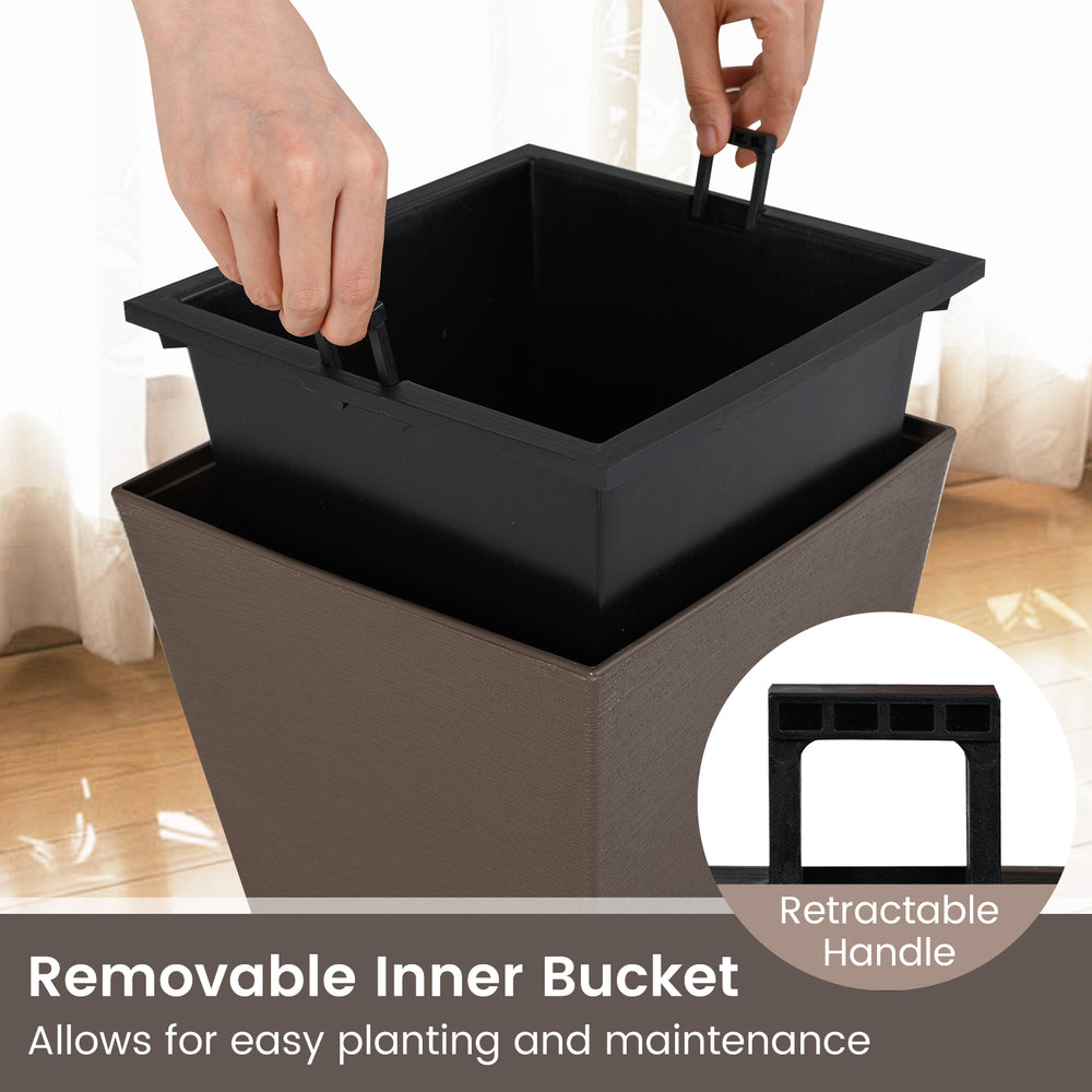 Removable inner bucket of a square taper planter for easy planting and maintenance, featuring a durable wood-like.