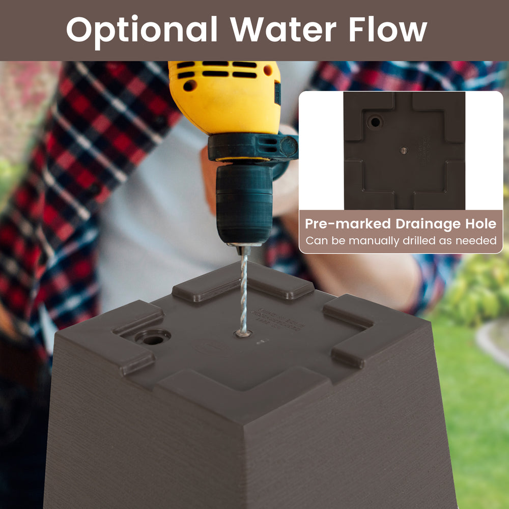 Square taper planter showing pre-marked drainage hole for optional water flow, made from durable PP material.