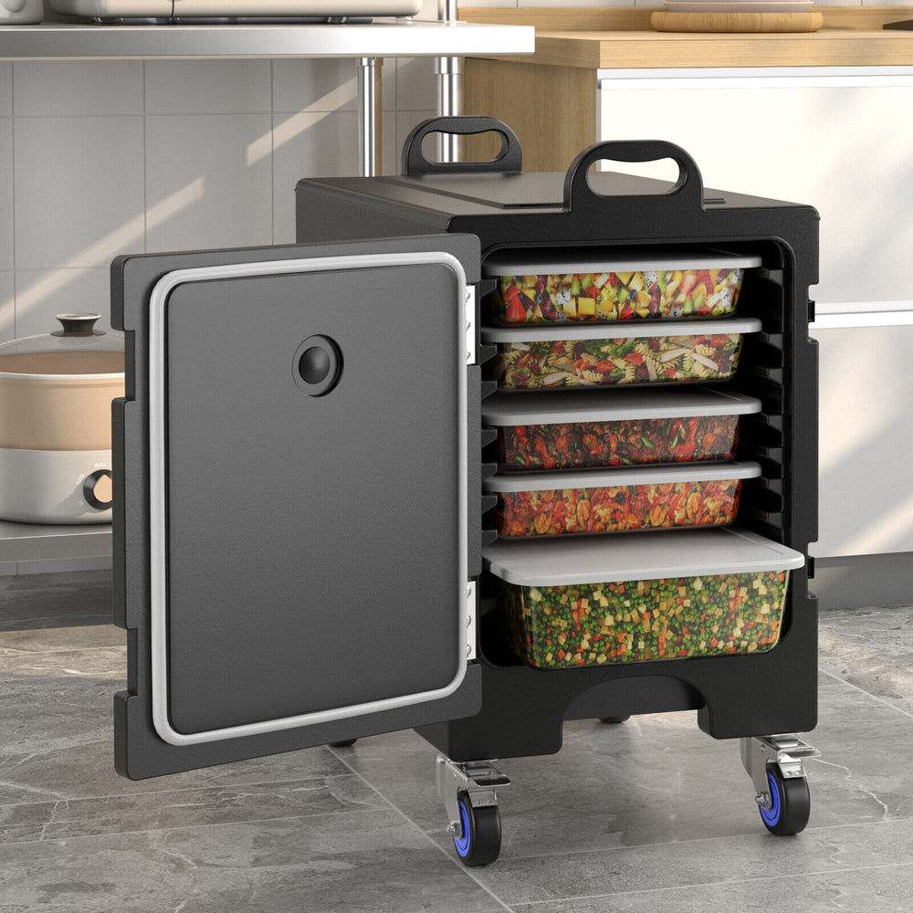 Stackable 81 quart insulated food pan carrier with 8 drawer-type slots, featuring a rotatable door and wheels for easy.