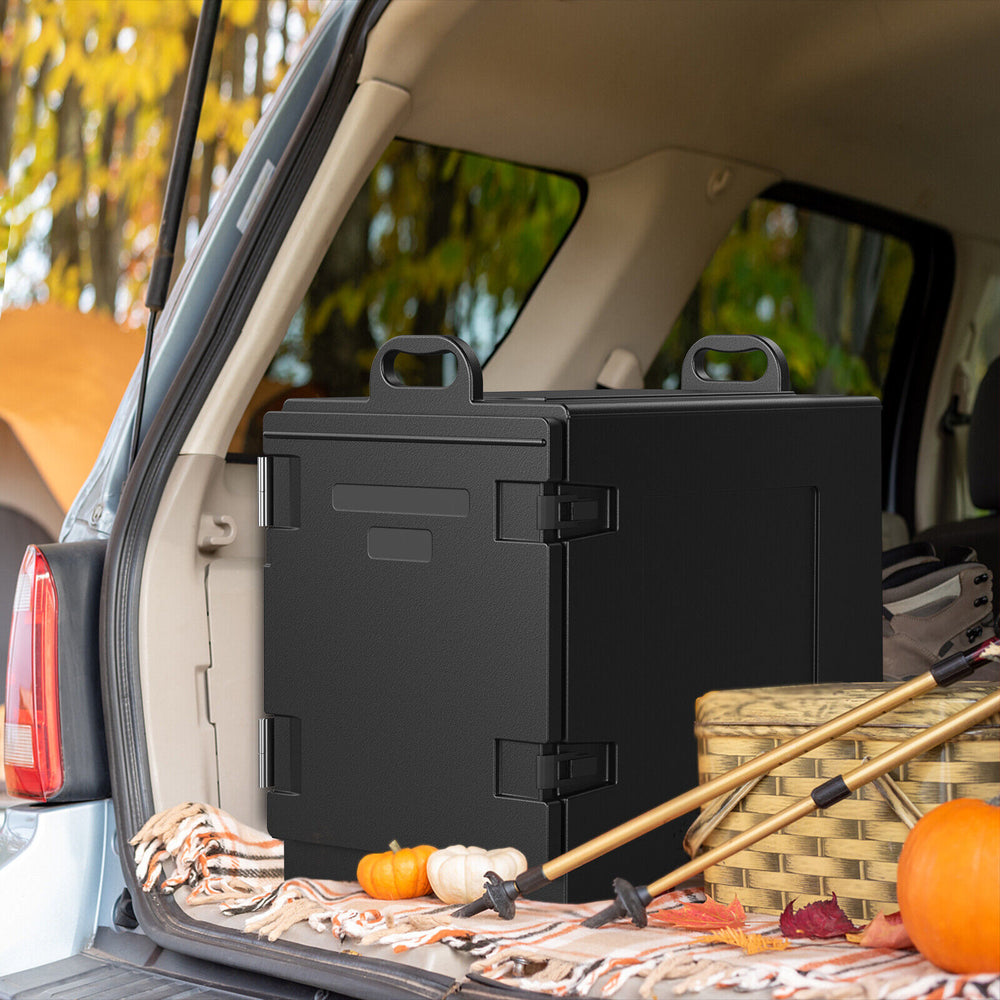 Stackable 81 quart insulated food pan carrier in black, designed for easy transport and thermal insulation.