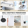 Reversible 2-person computer desk with LED lights, keyboard tray, and two storage shelves for organized workspace.