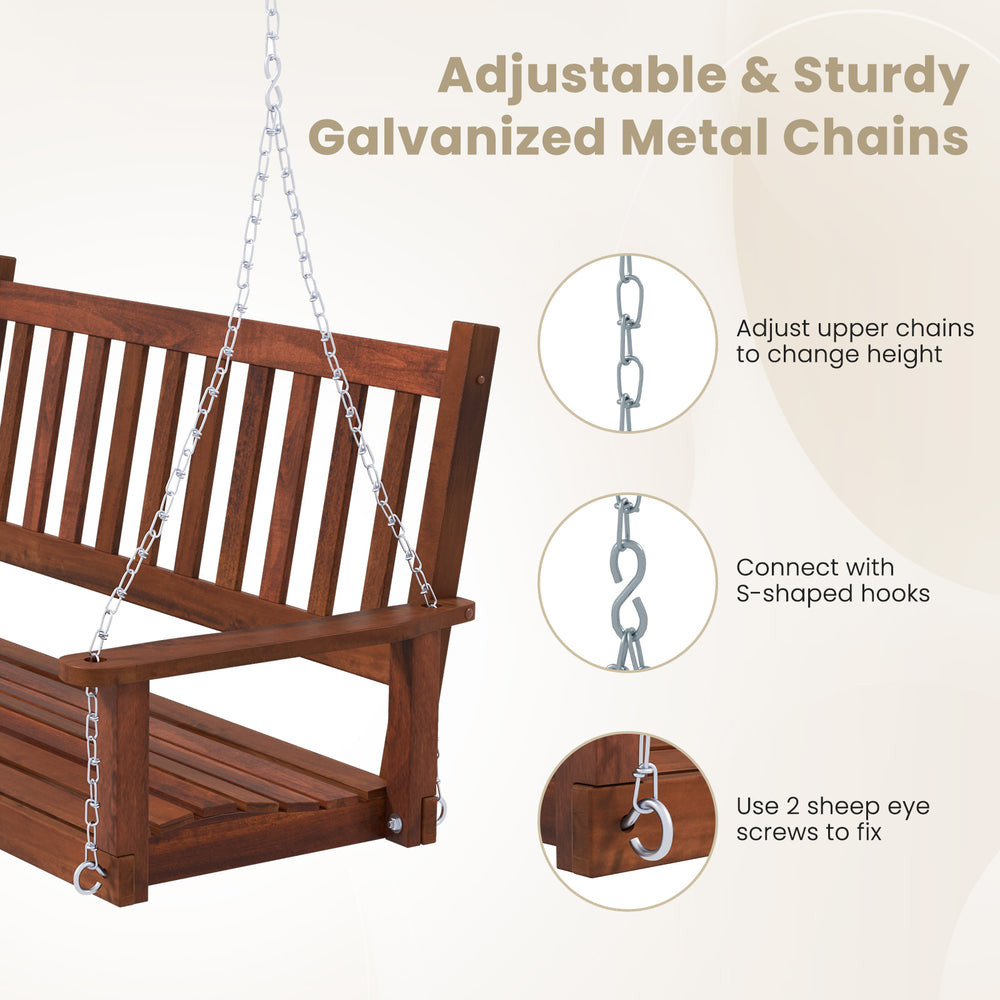 Close-up of the adjustable galvanized metal chains on a 2-person wooden outdoor porch swing for secure hanging.