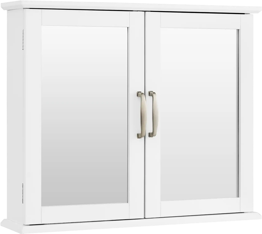 Wall-mounted white bathroom storage cabinet with double mirrored doors and metal handles for organizing essentials.