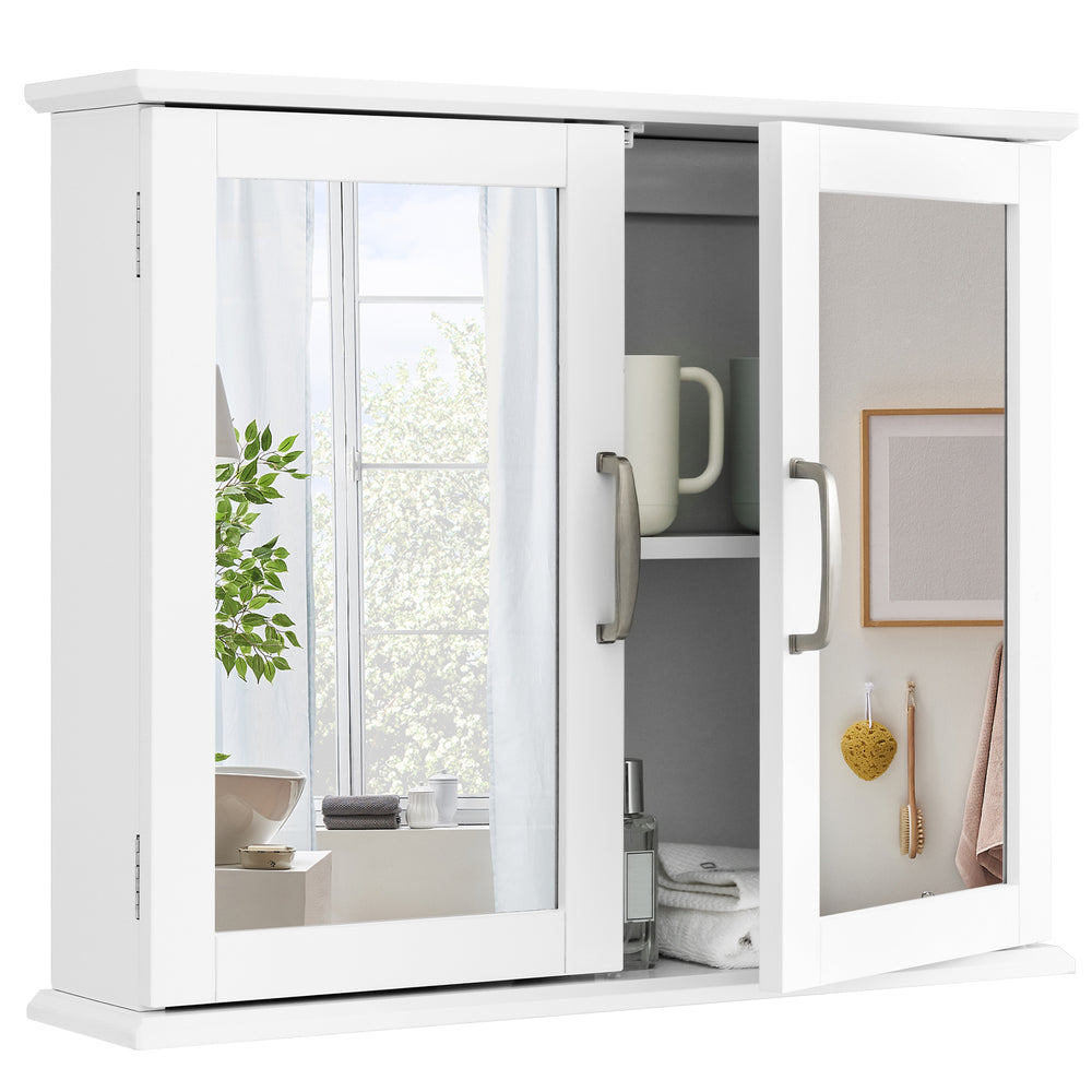 2-tier wall-mounted bathroom storage cabinet with double mirrored doors and metal handles for organizing essentials.
