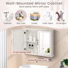 2-Tier bathroom wall-mounted mirror cabinet in white with double mirrored doors for storing toiletries and cosmetics.