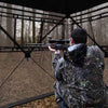 Hunting blind with 270-degree see-through fabric, accommodating 2-3 persons, ideal for silent observation and aiming.