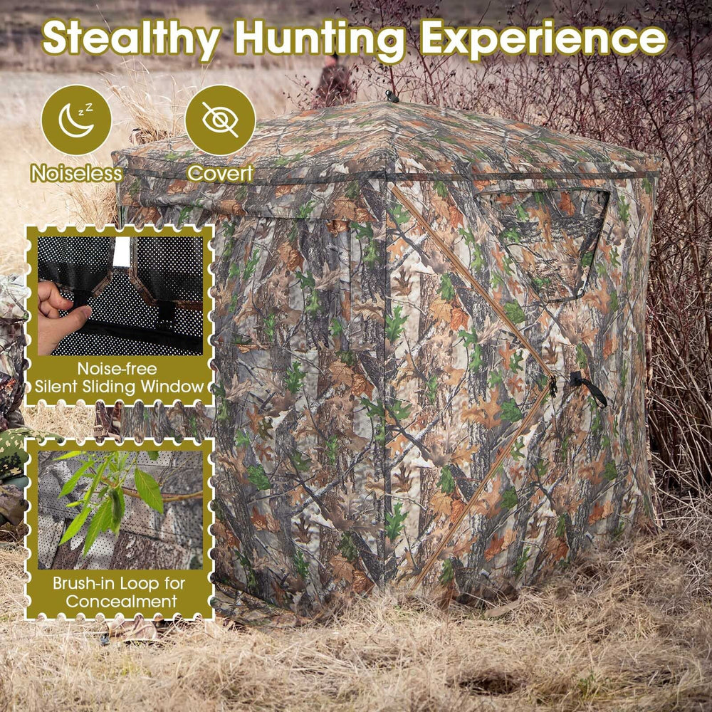 Portable pop-up hunting blind for 2-3 people with camouflage design, silent windows, and easy setup for stealthy.