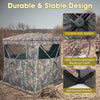 Portable pop-up hunting blind for 2-3 people, featuring durable 150D flame-retardant fabric and multiple windows for.