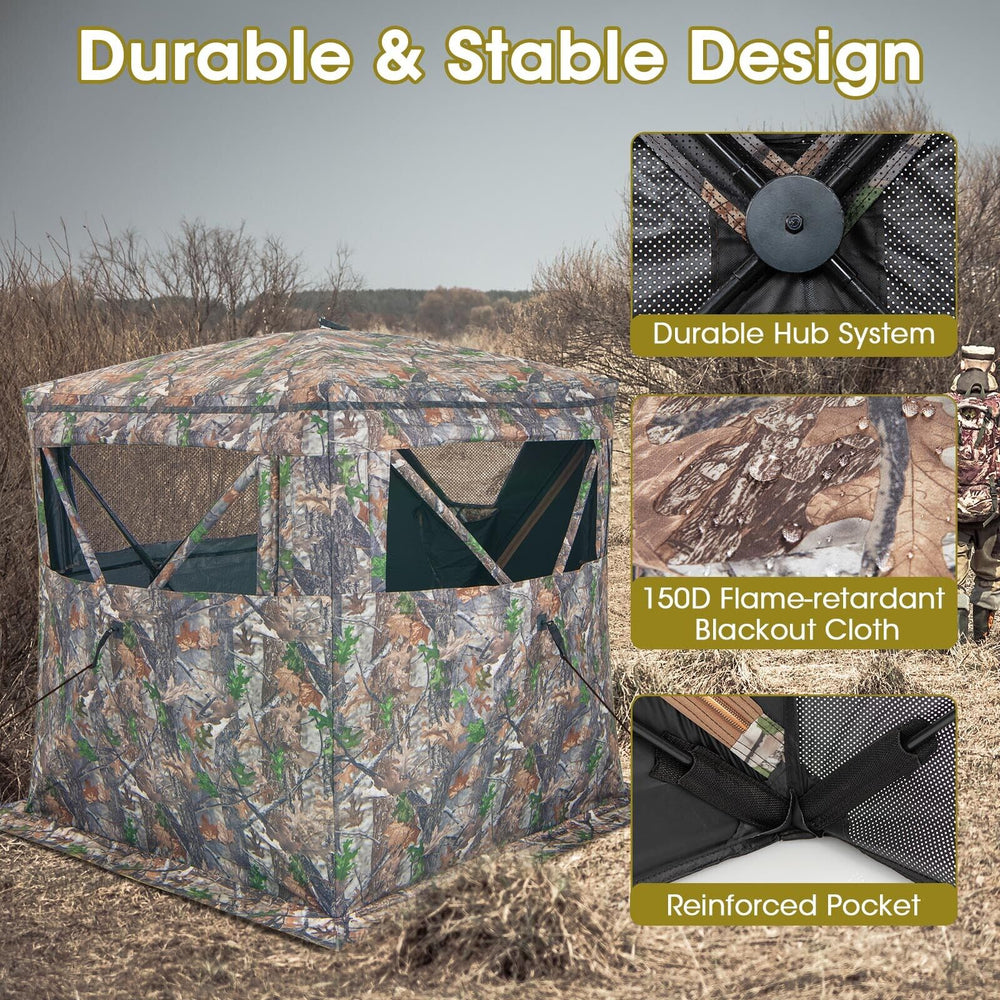 Portable pop-up hunting blind for 2-3 people, featuring durable 150D flame-retardant fabric and multiple windows for.