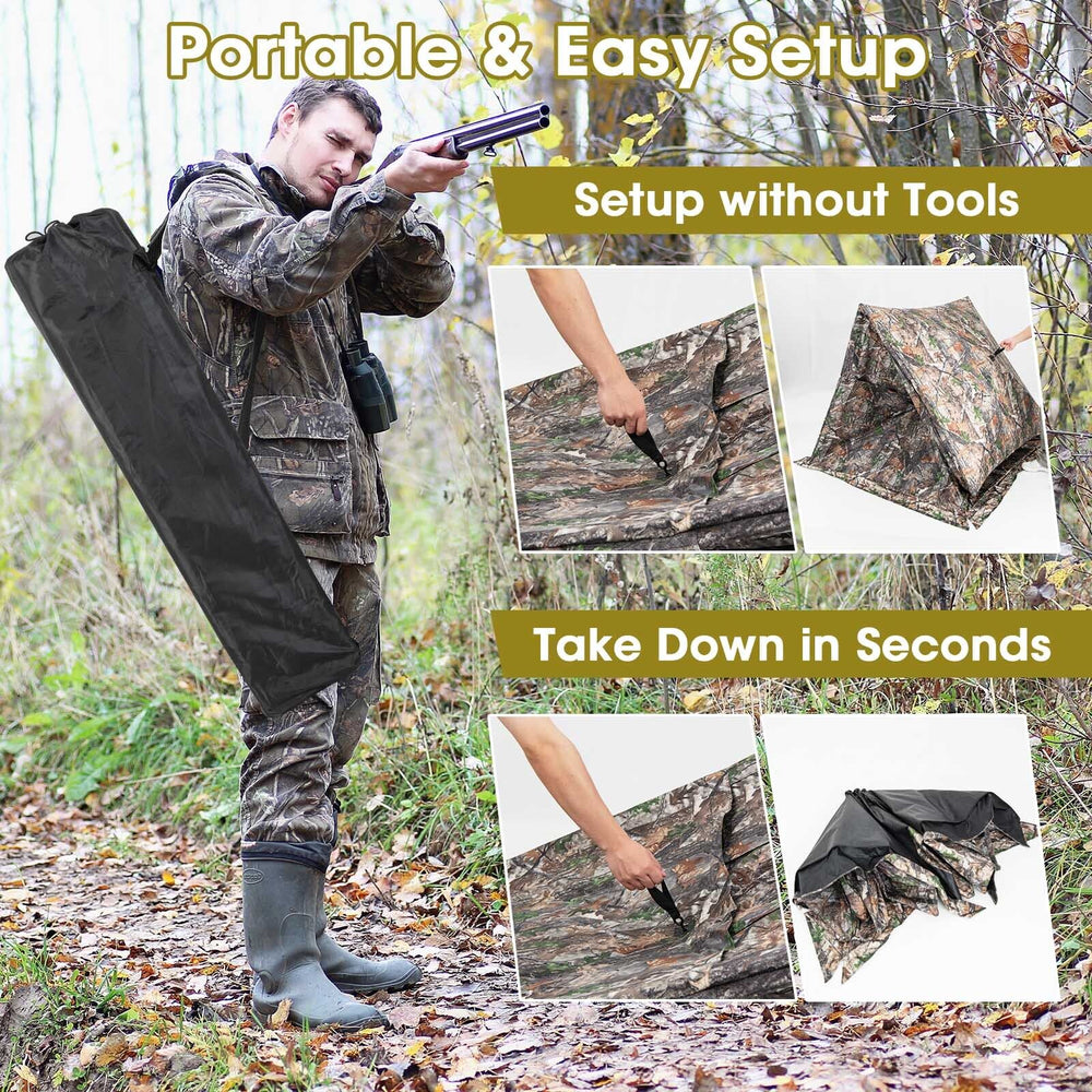 Portable 2-3 person hunting blind tent with camouflage design, easy setup, and carrying bag for outdoor use.