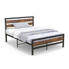 Full/Queen industrial bed frame with rustic headboard and footboard, featuring noise-free slats and 12" under-bed.