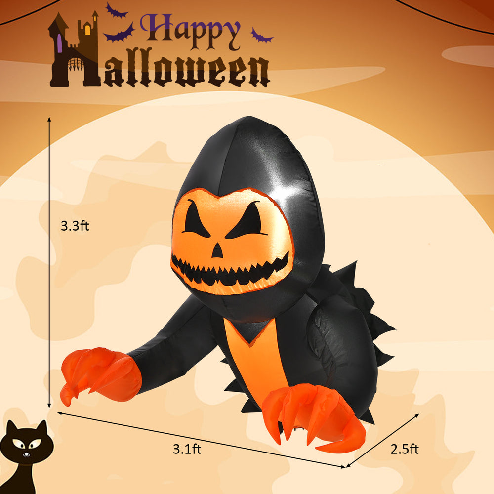 Inflatable 3.3ft pumpkin head ghost with LED lights, perfect for Halloween yard decor and spooky parties.