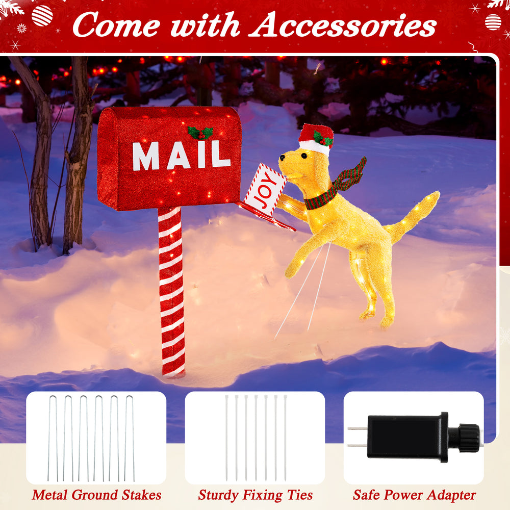 3.5 ft Christmas mailbox with a dog wearing a Santa hat, featuring 120 warm white LED lights for festive outdoor decor.