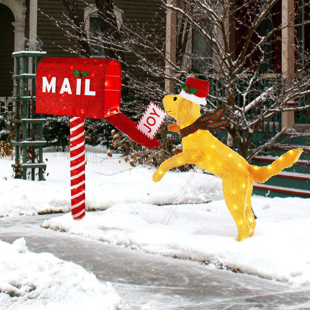 Festive 3.5 ft Christmas mailbox with a dog wearing a Santa hat, illuminated by 120 warm white LED lights for outdoor.