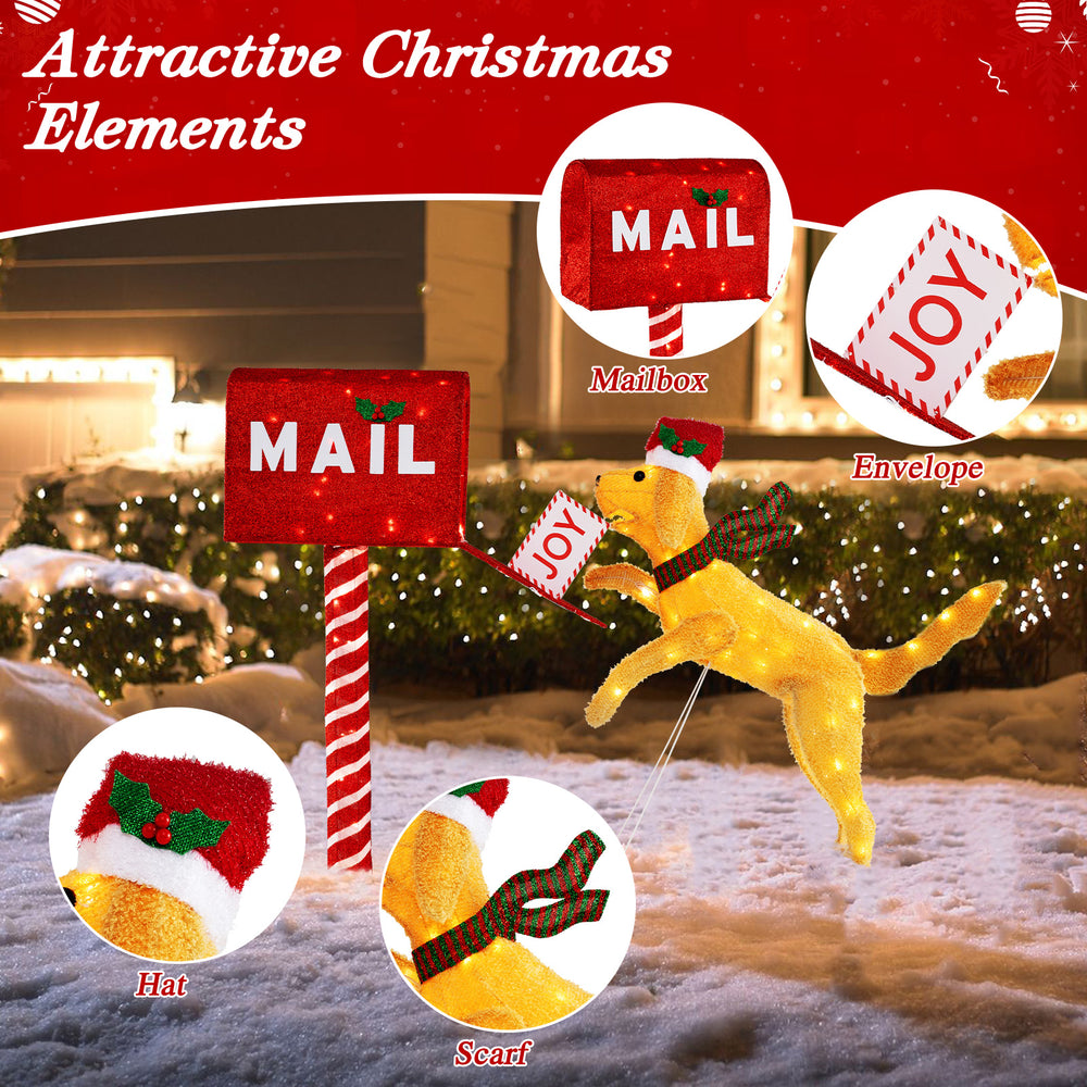 3.5 ft Christmas mailbox with a dog wearing a Santa hat and scarf, featuring 120 warm white LED lights for festive.