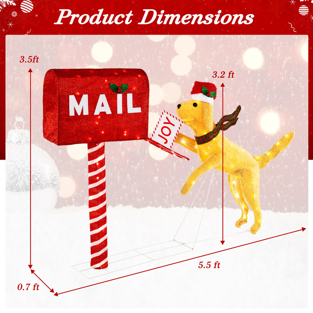 3.5 ft Christmas mailbox with dog wearing a Santa hat, featuring 120 warm white LED lights for festive indoor or.