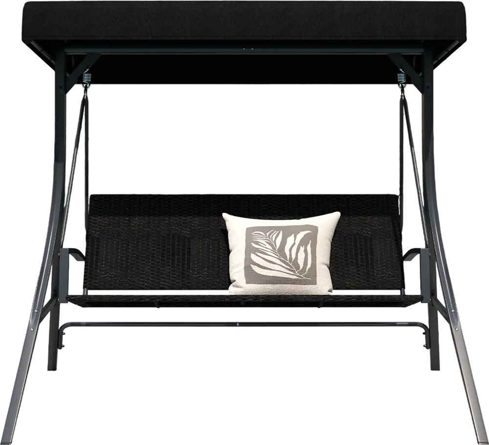 Black 3-person porch swing with sturdy metal frame and rattan seat, designed for backyard comfort and shared enjoyment.