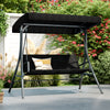 3-person porch swing with black rattan seat and adjustable canopy, perfect for backyard relaxation and stability.
