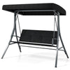 3-person porch swing with adjustable black canopy and rattan seat, ideal for backyard relaxation and comfort.