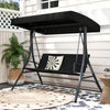 Three-person porch swing with adjustable black canopy and rattan seat, perfect for backyard relaxation.