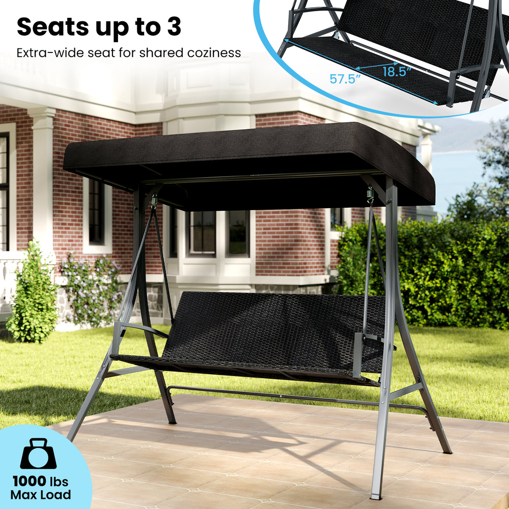 3-person porch swing with adjustable canopy, rattan seat, and robust metal frame for outdoor relaxation.
