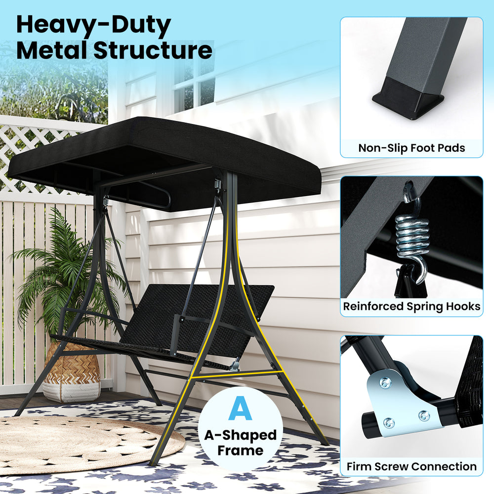 3-person porch swing with adjustable canopy, black rattan seat, and sturdy metal frame for outdoor relaxation.