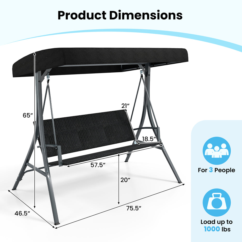 Dimensions of the 3-person porch swing with adjustable canopy, rattan seat, and robust metal frame for outdoor use.