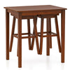 3-piece espresso bar table set featuring a solid rubber wood frame and two saddle stools, perfect for small spaces.